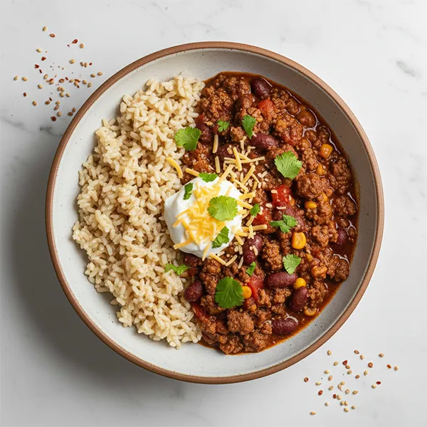Beef Chili Bean Bowl With Brown Rice